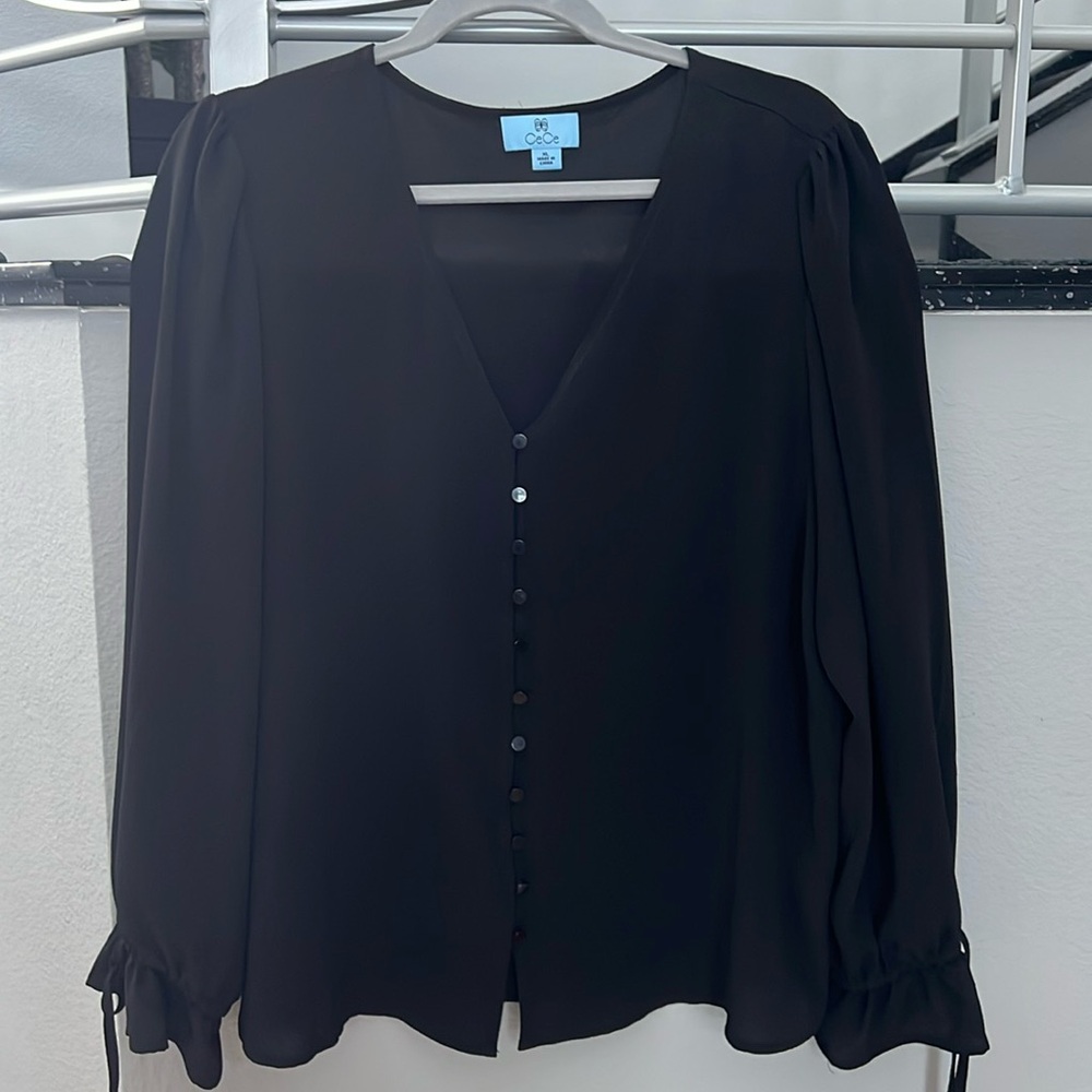 CeCe Black V-Neck Button Front Blouse